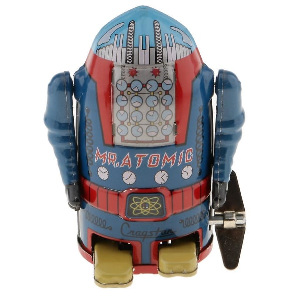 Vintage Wind Up Kellokoneisto Mekaaninen kävelypelti Mr. Atomic Robot Lelu Sininen