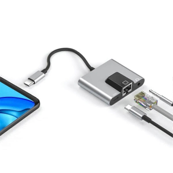 Type-C til Ethernet LAN Netværksadapter Hub USB C til 3,5 mm Lyd Hurtig Opladning Docking Station til Bærbar Computer Mobiltelefon
