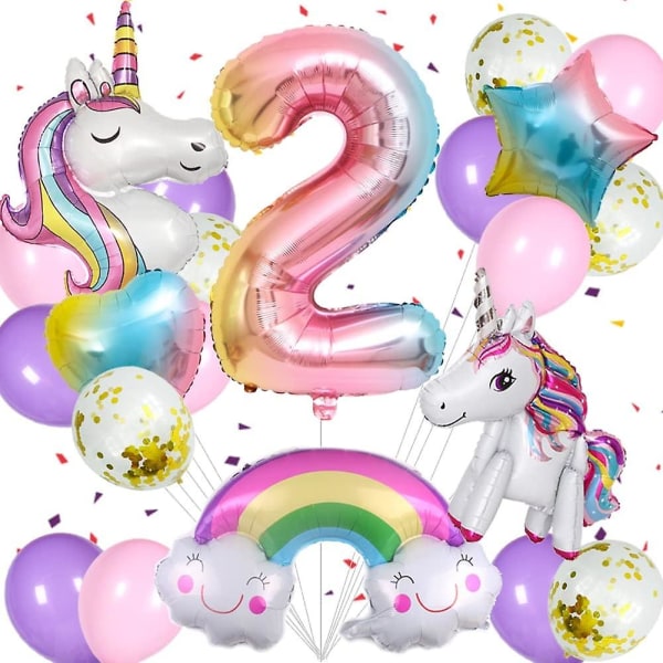 Unicorn Födelsedagsdekorationer för tjejer, 21st Unicorn Ballonger Set med Enhörning, Regnbåge, Hjärta, Stjärna, Latexballonger Och Ballong nummer 2 för 2nd Uni