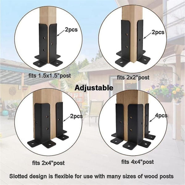 4 stk. justerbare terrasse stolpeanker beslag, Heavy Duty træ hegn stolpe base beslag kit til Pe