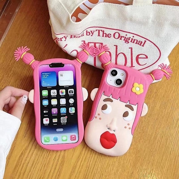 För iPhone 12 3D tecknad cool rosa fläta tjej med blommor mjuk silikon stötsäker