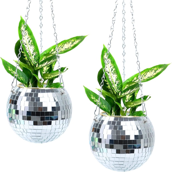 2 Pcs Hanging Disco Ball Planter Plant Hanger With Hook And Wooden Stand