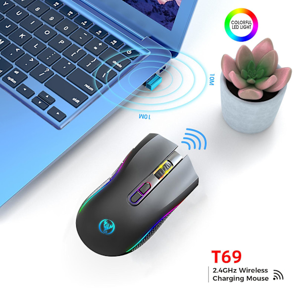 T69 2,4 GHz Trådlös RGB-mus 7 knappar Ergonomisk Lättvikts Typ-C Laddningsbar Universal Trådlös Datorspelmus PC-tillbehör, vit