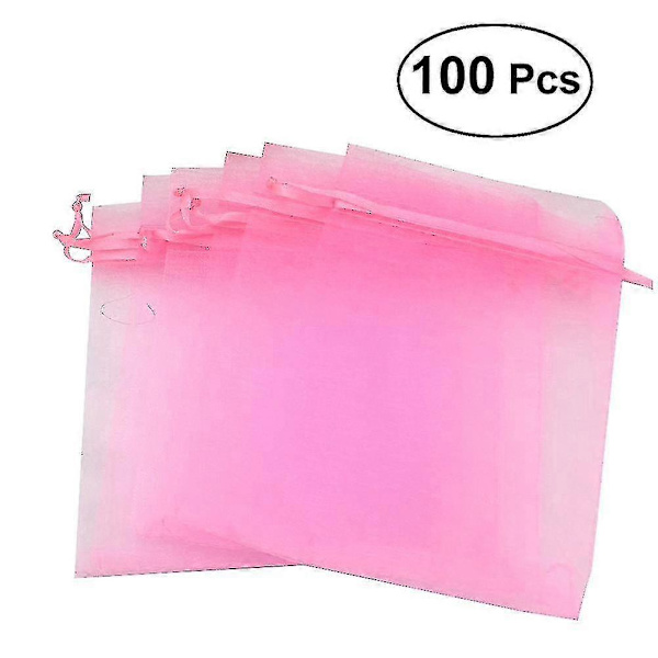 100 stk 7x9cm Organza Trekksnorposer Smykkeposer Godteripose Små Gaveposer Til Bryllup (rosa)