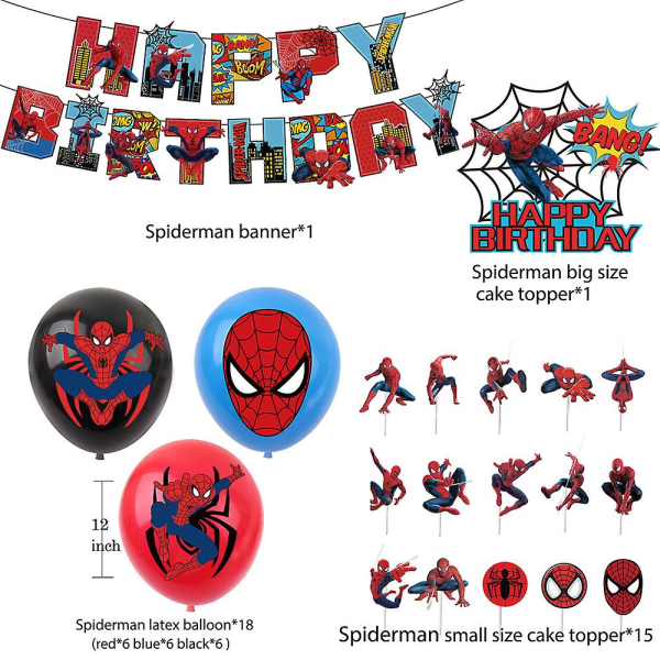 Spiderman-tema, födelsedagsdekorationer för barn, set banderollballonger, tårta Cupcake Toppers