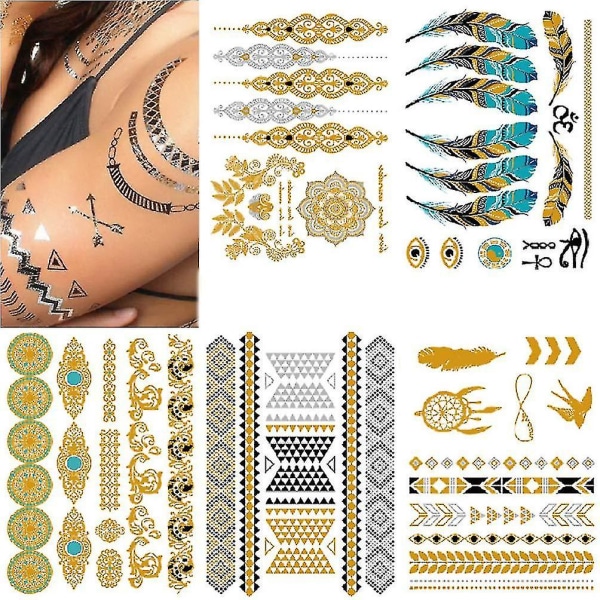 5 arkkia väliaikaiset tatuoinnit hohtavat vedenpitävät väärennetyt tatuoinnit kultaiset tatuoinnit metalliset tarrat käsivarsissa vartalon jaloissa naisille