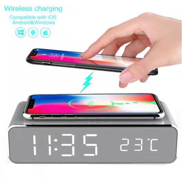 Trådløs opladning vækkeur multifunktionsur mobiltelefon smart LED digital display kreativt vækkeur