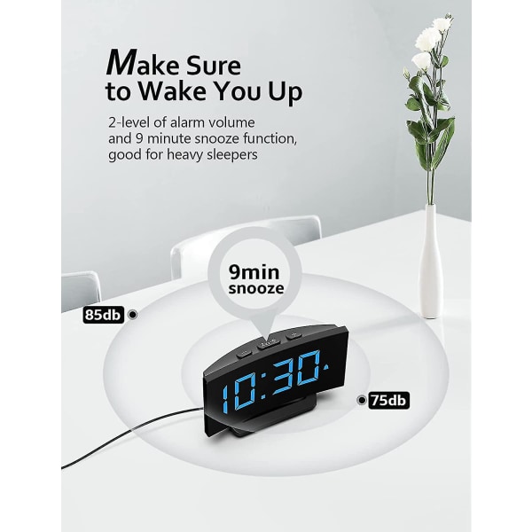 Digitalt vækkeur til soveværelset, digitalt ur med moderne buet design, iøjnefaldende blå LED-tal, 5 niveauer lysstyrke+slukket, 2 lydstyrke, 3 alarmton