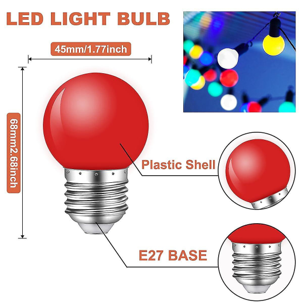10-pakks fargede LED-lyspærer, 1W E27 G45-pærer, LED-fargede minikulepærer, blandede farger for utendørs innendørs streng, jul, fest