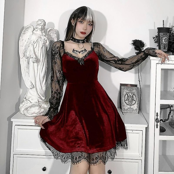 Svart gotisk klänning aftonklänning för kvinnor Elegant spets korshängande klänningar Cocktailklänning festklänning, röd