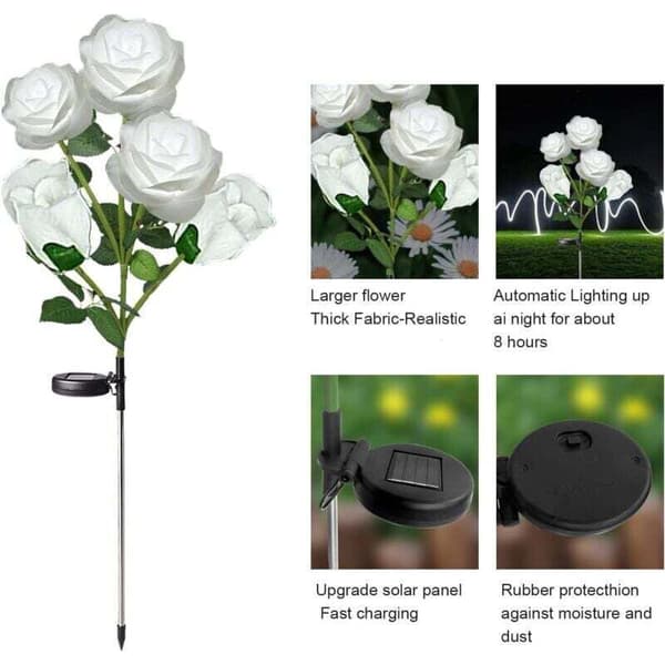 Solcellehagelys for utendørs bruk. Roseformede LED-solcellelys med større blomst og bredere solcellepanel hagedekorasjon (Hvit, 2 stk)