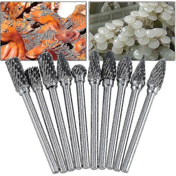 Litzee 10-pack roterande filer i volframkarbidstål med jordgubbsform, 3 mm skaft, 6 mm skärdiameter, verktyg för gravyr (dubbelskär)