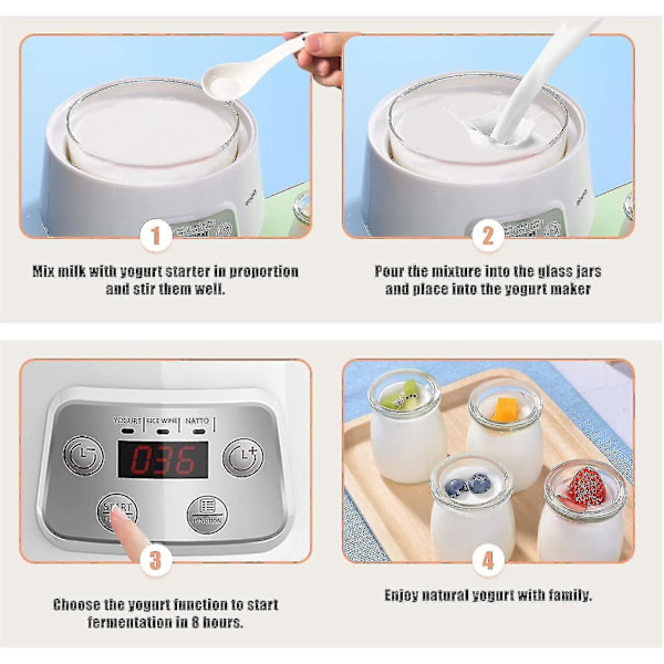 Yoghurtmaskin 2024, 3 i 1 Gresk Yoghurtmaskin, kan lage Yoghurt/Natto/Risvin, automatisk digital yoghurtmaskin med tidskontroll, 1,2 liter glass