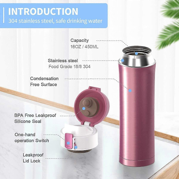 Dubbelväggig Vakuum Isolerad Termoskopp i Rostfritt Stål, Termos för Varma och Kalla Drycker Resekopp Kaffe Mugg, Rosa