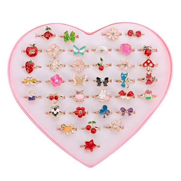 36 stk Søde Justerbare Ringe Børn Piger Foregive Makeup Legetøj Tegneserie Krystal Smykker Alloy Dyr Emblemer Ringe