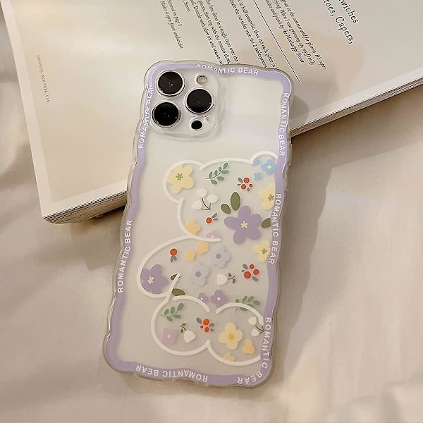 Kompatibel med iPhone 12mini Skal Transparent Söt Blommig Björnmönster Spets Lins Skydd Design för Kvinnor Flickor Mode Slank Mjuk Flexibel TPU Gnid