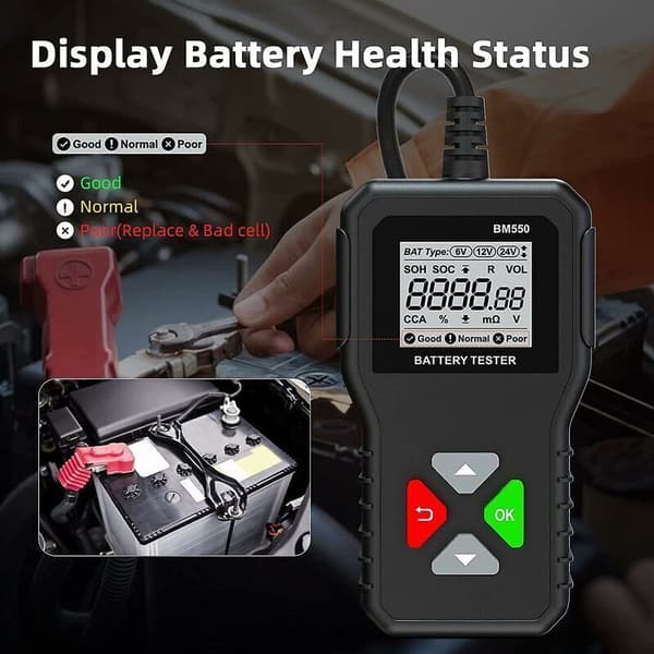 1 stk 6V 12V 24V batteritester. 100-2000 ca. 2Ah-220Ah bilgenerator-tester digital batterianalysator for bil/lastebil