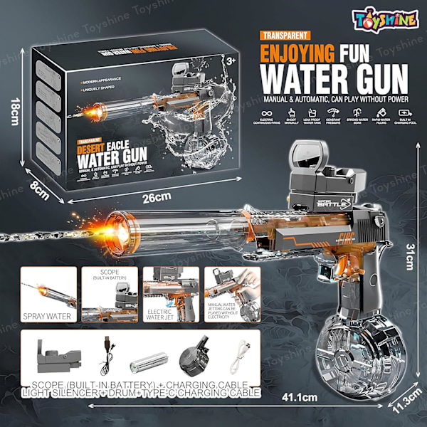 Transparent pistol-stil automatisk vandpistol med lys, kraftfuld genopladelig vandpistol til udendørs leg, sort