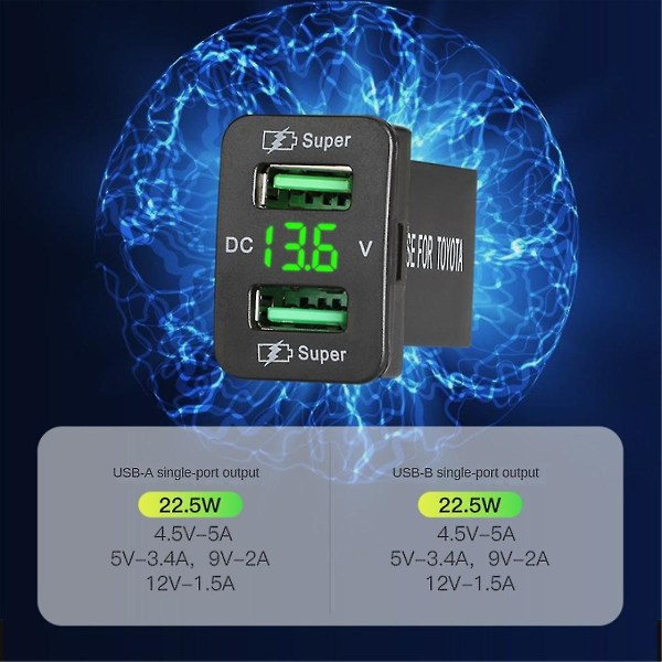 Dobbel USB-port hurtiglading-kontakt for innfelt billaderkontakt 12-24v bilvoltmeter A