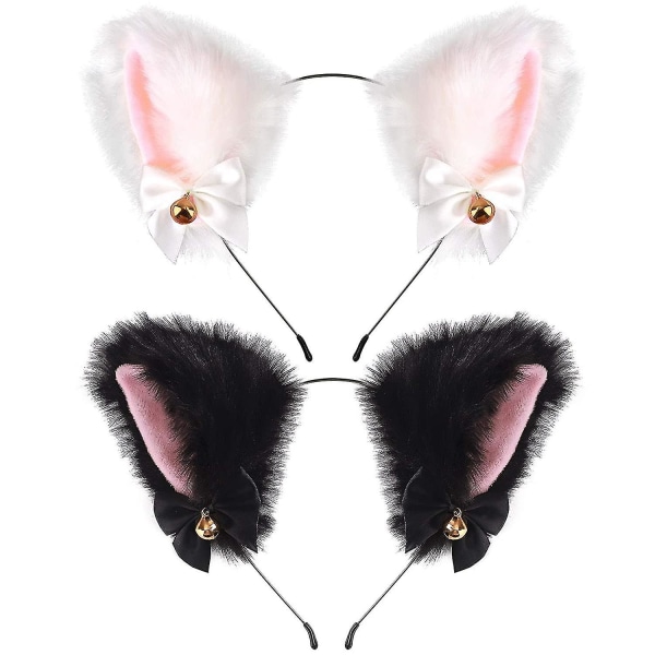Cat Ears Headband Cosplay Make Up Girl Plush Furry Ears With Ribbon Bell Halloween Cosplay Party Headbands For Women Girls Adult Kids-2pcs