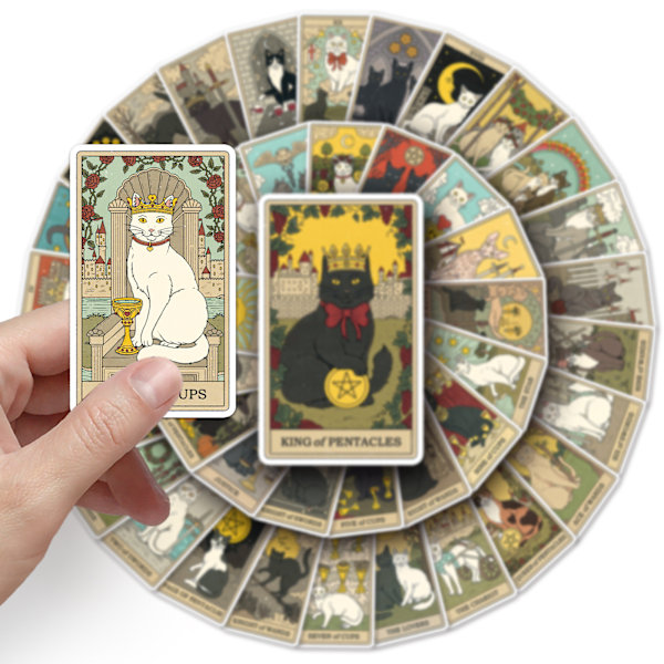 Kissan Tarot-tarrat, 78 kappaletta sarjassa, PVC, vedenkestävä, tarrat, kissa, kissat, eläimet, mustat kissat, ennustaminen, pelikortit, noituus