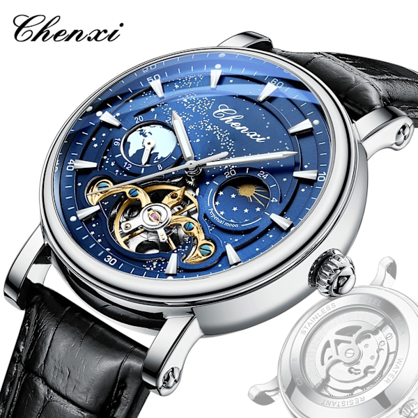 Chenxi Xinghe Månefas Mekanisk Armbandsur för Män, Helt Automatisk, Luminous, Business Läderarmbandsur