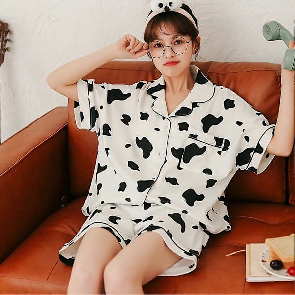 1 Set med 2st Sommar Dam Pyjamas Tecknad Ko Pyjamas Bomull Kofta Kortärmad Shorts Casual Hemmakläder Tvådelat Set (Vit Svart Storlek XL)