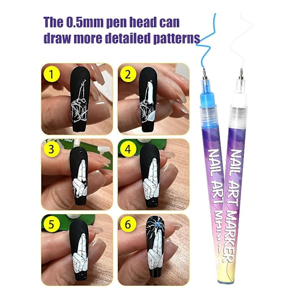 Fine Tips 3D Nagelkonstpennor, 12 Färger 0,5 MM Nagellackspennor Nagelpunkt Graffiti Prickpenna för Hemsalong Snabb DIY Nagelkonst