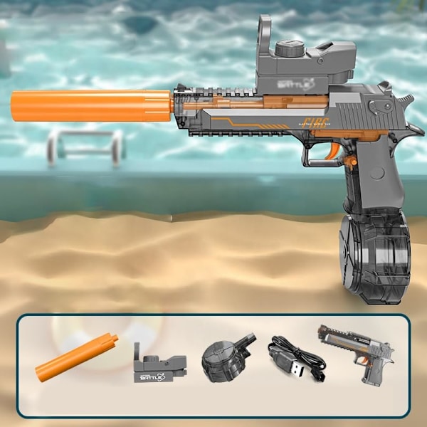 Elektrisk vandpistol legetøj, Desert Eagle design, højtryks automatisk vandskyder med sigtekorn, orange og grå