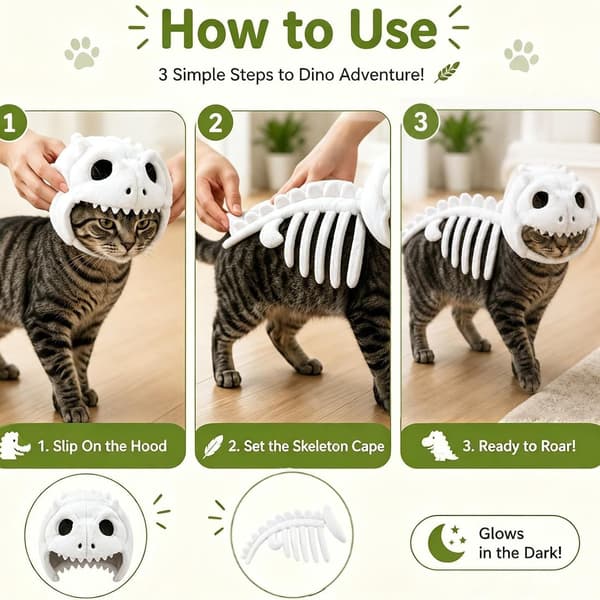 Nyt lysende dinosaur-skelet kattekostume, Halloween julekæledyrsoutfit