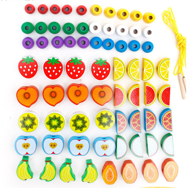 Children's wooden 70 beads string baby cognitive string beads string cake fruit DIY early education toys teach