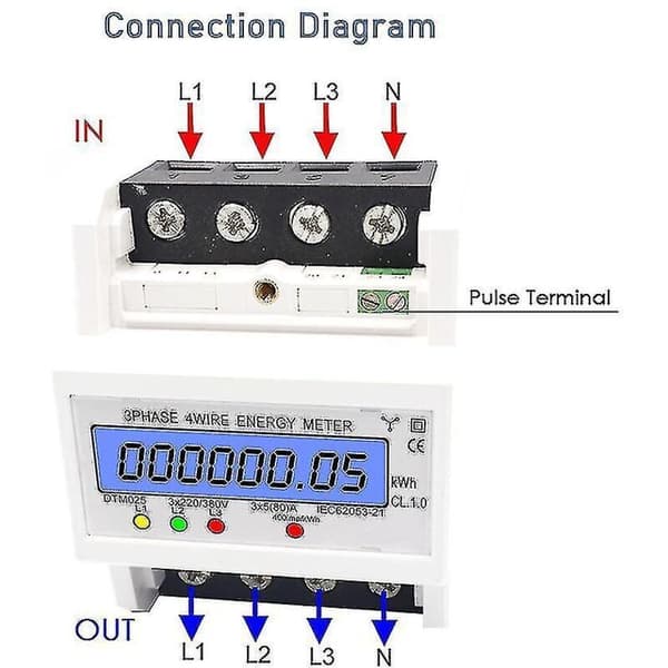 Trefas energimätare 220/380 V 5-80 A – Bakgrundsbelyst LCD-display – DIN-skenmontering – Noggrannhetsklass 1.0