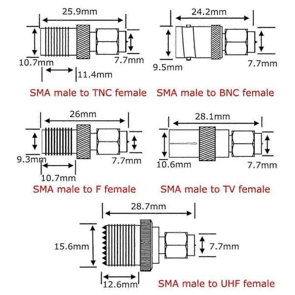 10 Tyypin SMA-sovittimen sarja SMA-uros /BNC/UHF/MCX/SMB/TV/TNC-naaras suora nikkeli-kultapinnoitettu