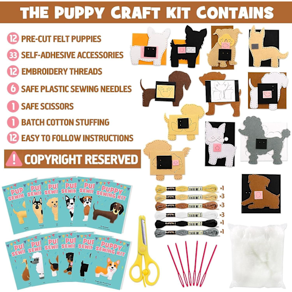 Pennun käsityökortteli Lapset DIY-käsityö- ja ompelusetti Koiran täytetty eläin Huopa Plushie Tytöille ja pojille Koulutuksellinen aloittelijoiden ompelusetti Ompelusetit