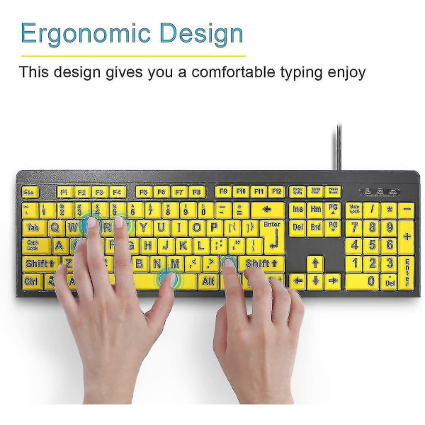 Datatastatur med stor skrift - gult, kablet USB-tastatur med høy kontrast for synshemmede jst`