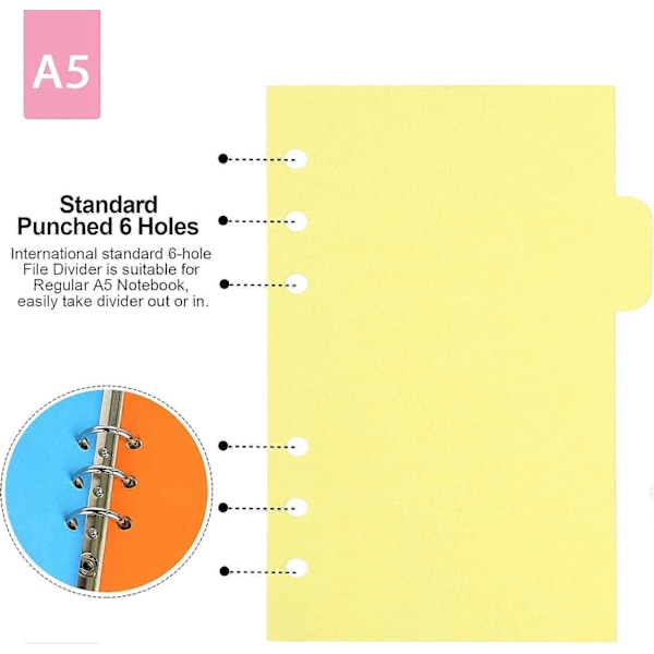 Sæt A5 Emneopdelere Papirark, Farverige 6 Huller Stanset Filkort Opdelere, Til Notesbog Indsæt Planner Ialt 25 Ark