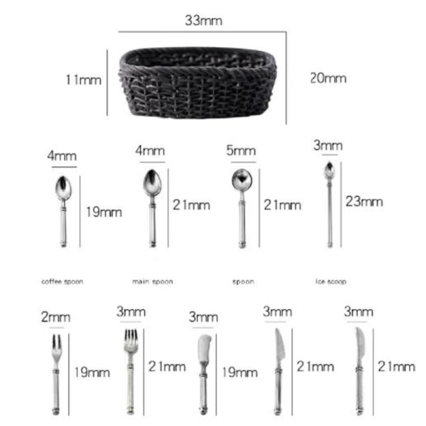 Dockskåp Miniatyr servis Mini lery + korg Leksak För Inredning 1PC basket+9 Cutlery D