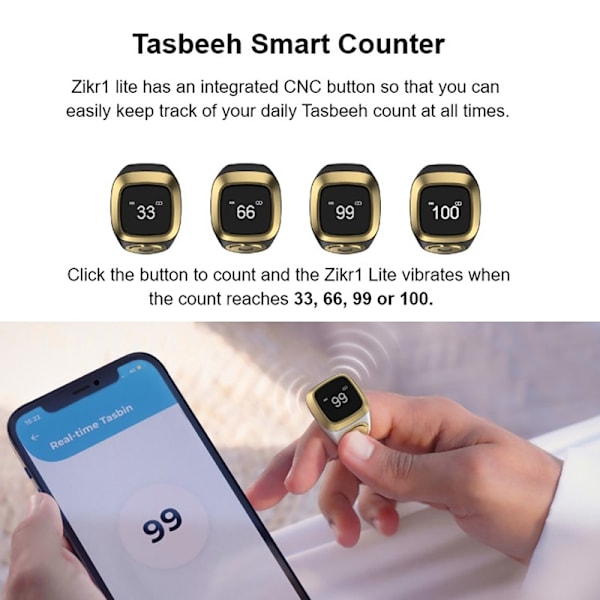 Smart Tasbih Räknarring för Muslimer Zikr Digital Tasbee White