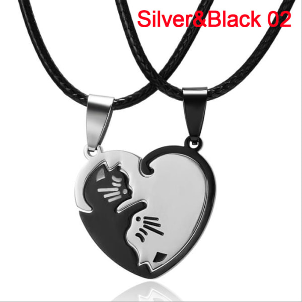 2 stk/sett par hjerte halskjede matchende puslespill Cat anheng juvel Silver&Black