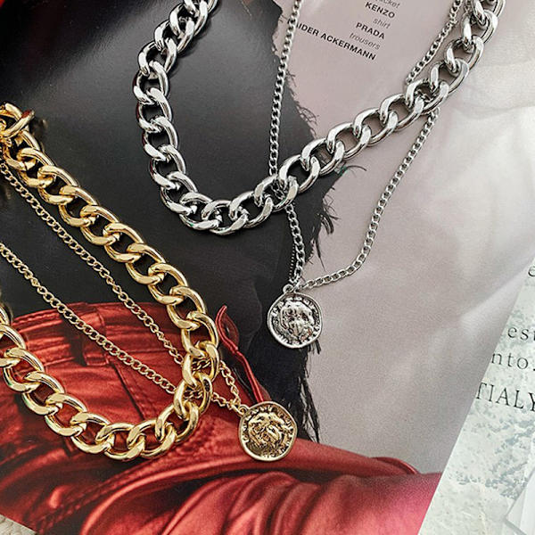 1 stk Vintage Multi-layer Coin Chain Choker halskæde til kvinder Go Silver