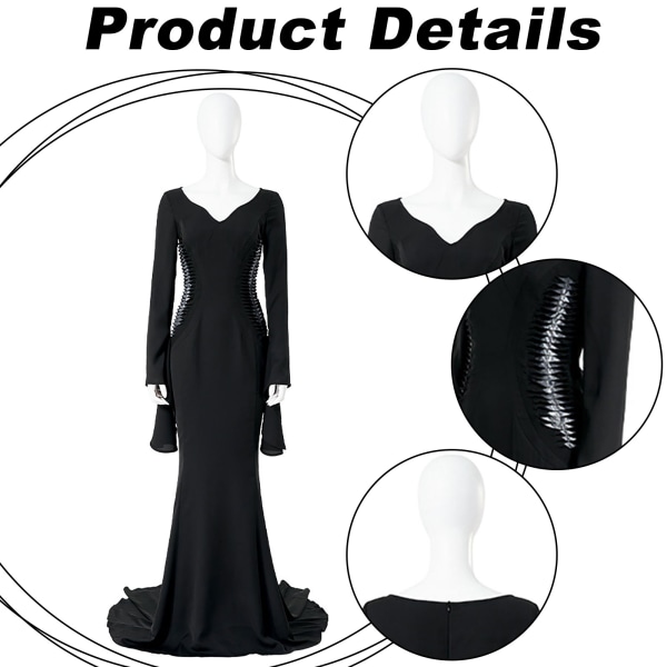 Morticia addams kostume kvinder kjole sort fest uniform carniva Black XXL