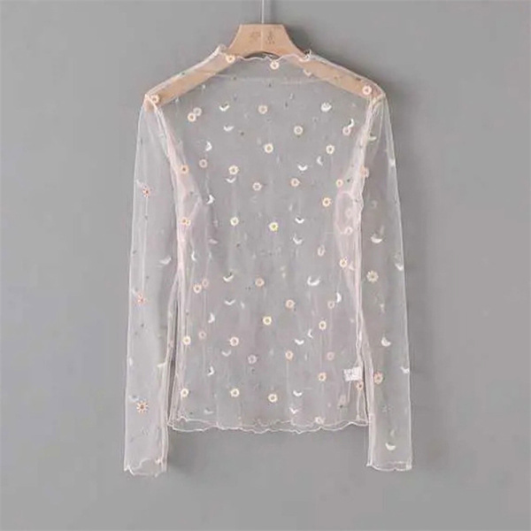 Dam T-shirt Se Through Transparent Mesh Toppar Långärmad Hon Pink