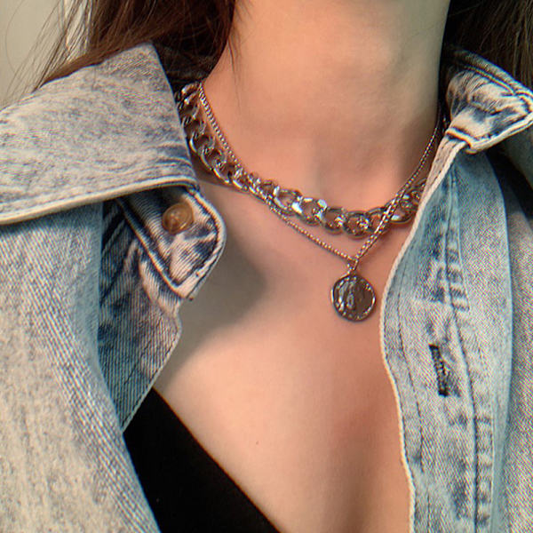1 stk Vintage Multi-layer Coin Chain Choker halskæde til kvinder Go Silver