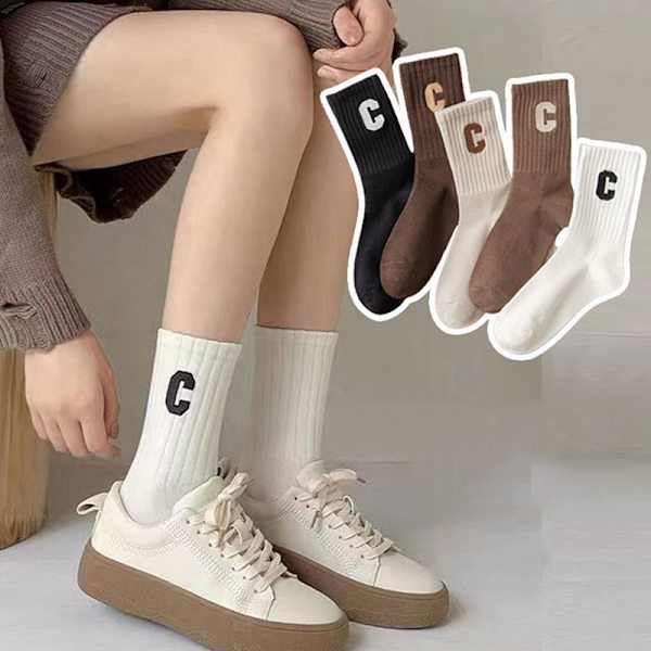 Dam Letter C Print Strumpor Dam Kort strumpa För Cykling e Solid White