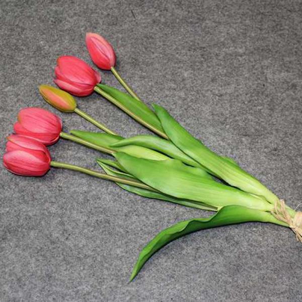 Luksus Silikone Real Touch Tulipaner Buket Dekorativ Kunstig Dark pink