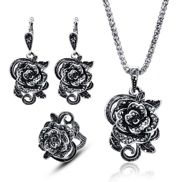 4st Vintage Black Crystal Rose Flower Smyckesset för kvinnor W Black