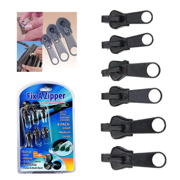 6Pack Instant Fix Lynlås Reparationssæt Udskiftning Lynlås Slider DIY