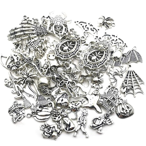 50 kpl Mixed Halloween Bat Skeleton Hopeakoruiset riipukset DIY J Silver