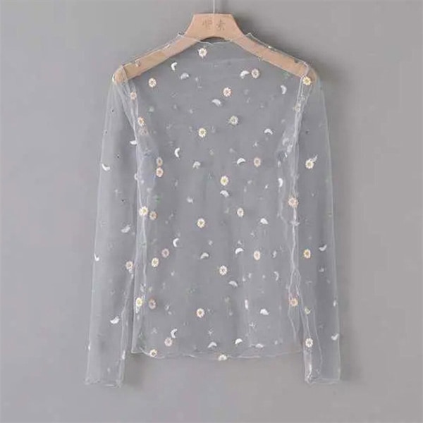 Dam T-shirt Se Through Transparent Mesh Toppar Långärmad Hon Gray