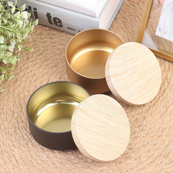Stearinlys Krukker Lyseske Blikkboks Trekornlokk Kosmetisk Po Gold 2 pcs